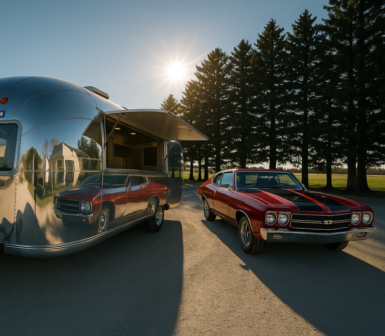 Retro-Trailer im ikonischen Alu-Look mit US-Oldtimern – mobiles Showroom-Konzept mit Vintage-Charme und hoher Funktionalität