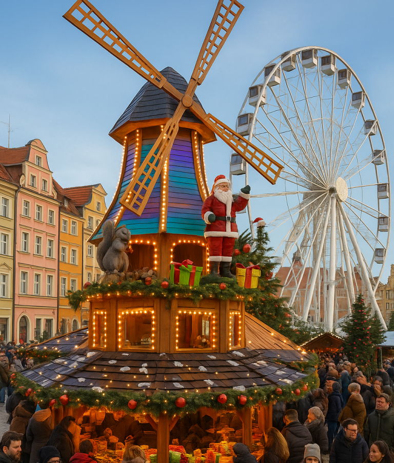Beleuchtete Weihnachtspyramide mit Windrad-Optik & LED-Elementen vor Riesenrad auf Wintermarkt