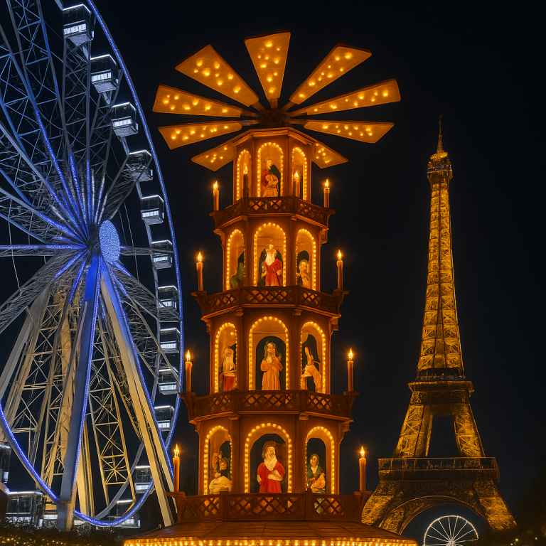 „Event-Pyramide in LED-Rot mit französischer Weihnachtsdeko“ „Rote Weihnachtsmarkt-Pyramide vor Riesenrad und winterlicher Kulisse“