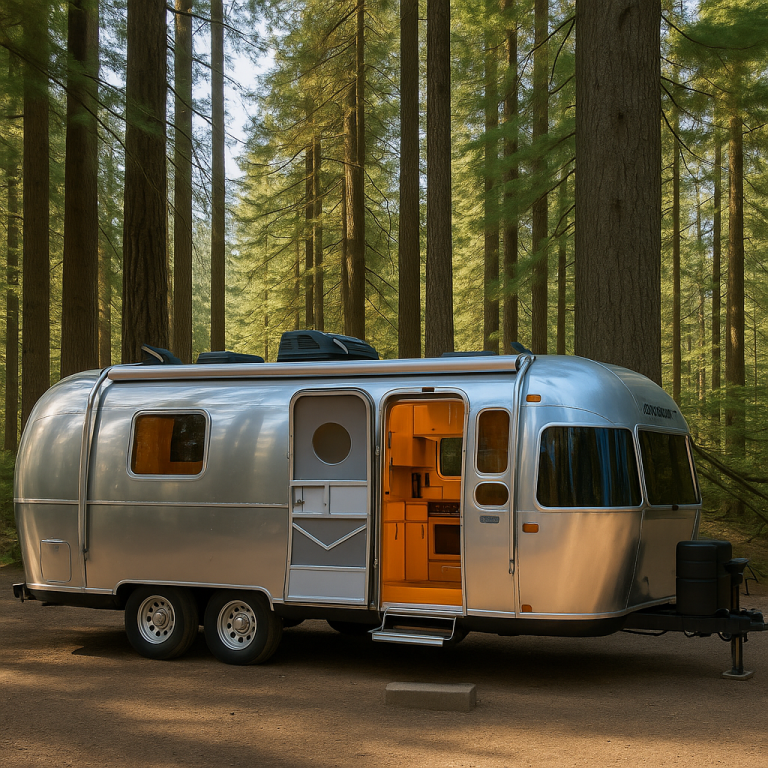 Aerotrail Caravan im Wald – mobiler Aluminium-Trailer mit Holzelementen für nachhaltige Einsätze als Showroom, Büro oder Wohnmobil