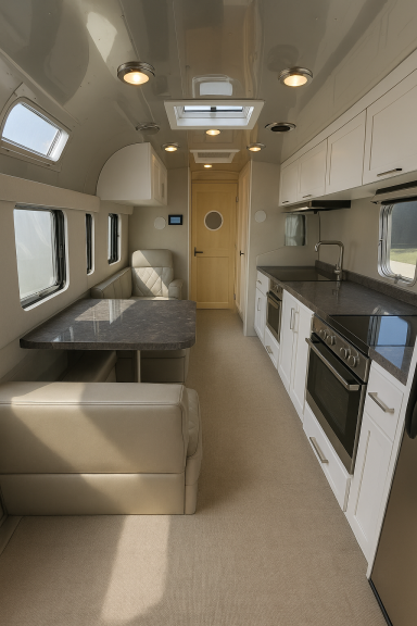 Modern ausgestatteter Wohntrailer mit Küchenzeile und Sitzbereich – ideal für komfortables Reisen