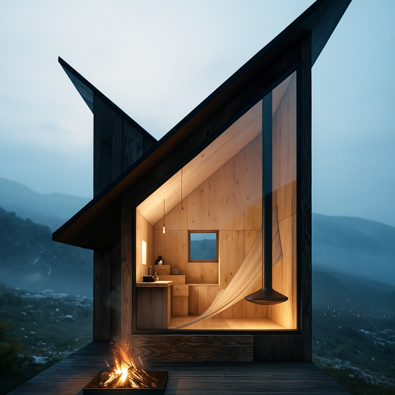 Tiny House mit asymmetrischem Pultdach, Holzverkleidung und großer Fensterfront – modernes Design mit Feuerstelle im Außenbereich, Bergpanor