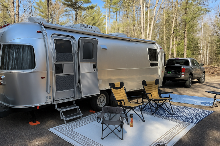 Retro-Wohnmobil im Airstream-Stil mit Markise, Außenteppich und Campingmöbeln – mobiles Eventbüro oder Unterkunft