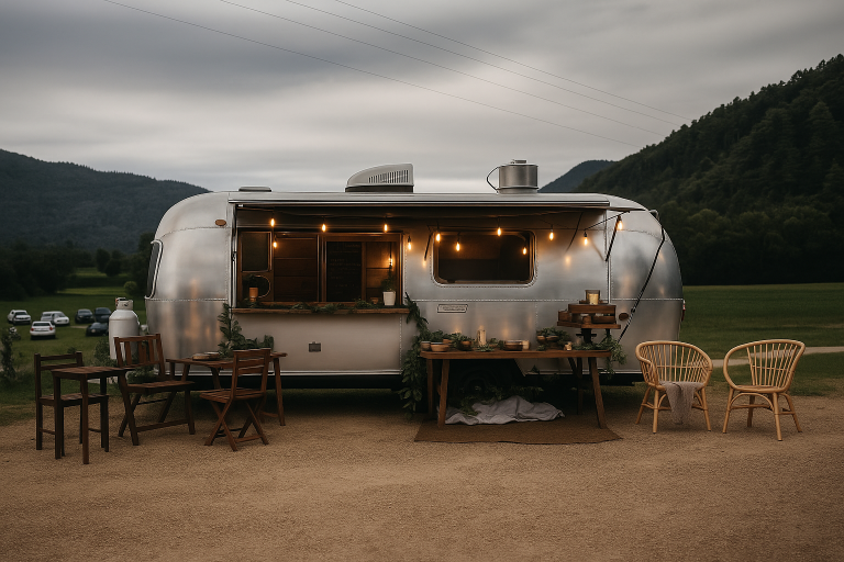 Retro-Foodtrailer mit Edelstahloptik, LED-Lichterkette und mobiler Küche – ideal für Streetfood, Events und Hochzeiten
Foodtrailer, Edelstah