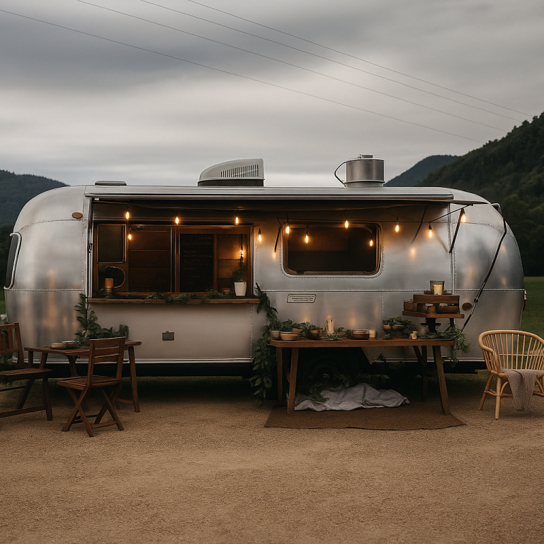 Silberner Retro-Foodtrailer mit rundem Design und Barbereich – perfekt für Hochzeiten, Barista-Konzepte und Branding-Projekte