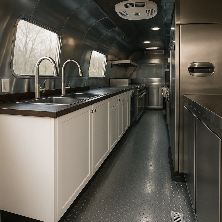Innenraum eines mobilen Foodtrailers mit Edelstahlküche, Spüle und Retro-Design – hygienisch, mobil und betriebsbereit