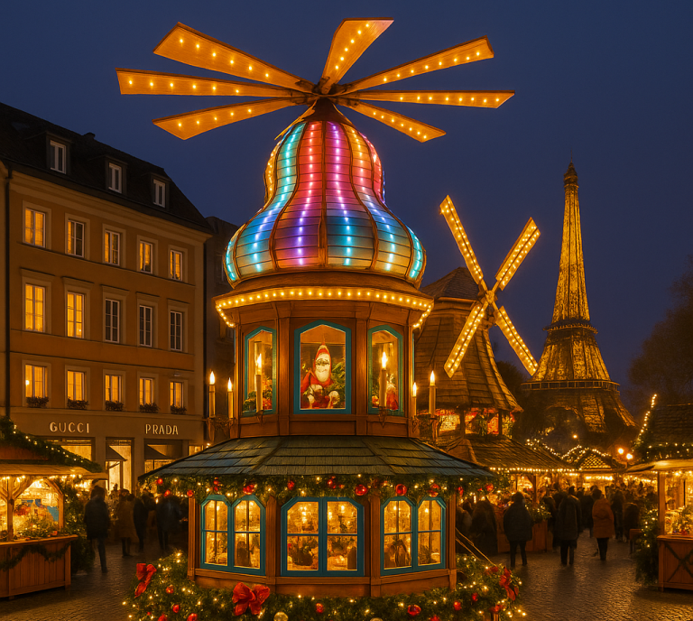 Weihnachtspyramide mit Zwiebel-Dach und LED-Beleuchtung auf einem Weihnachtsmarkt in der Innenstadt

