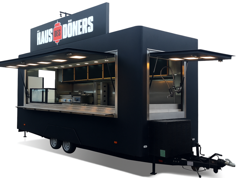 Döner-Imbissanhänger mit Theke, Grilltechnik, Lüftung und LED – ideal für mobile Gastronomie und Stadtfeste