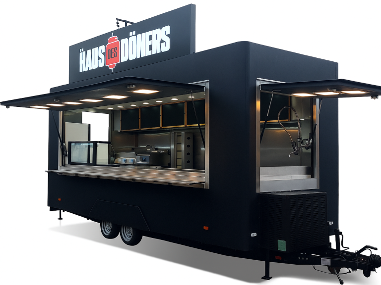 Döner-Imbissanhänger mit Theke, Grilltechnik, Lüftung und LED – ideal für mobile Gastronomie und Stadtfeste
