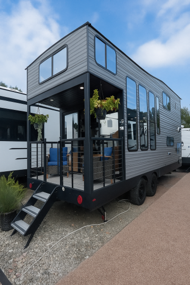 Mobiles Tiny House mit Aluminiumfassade auf Anhänger – flexibel aufstellbar bei jedem Wetter