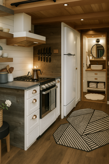 Stauraumlösungen im Tiny House – Regalwand aus Holz mit Beleuchtung und funktionalem Design