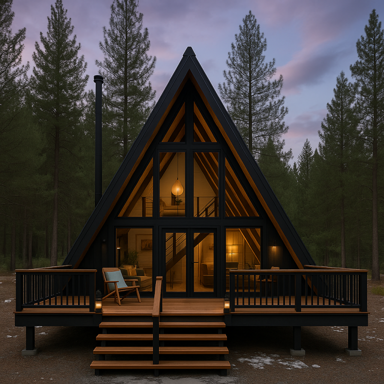 A-Frame Tiny House im Wald mit Glasfassade, Terrasse und Holzarchitektur im Chalet-Stil