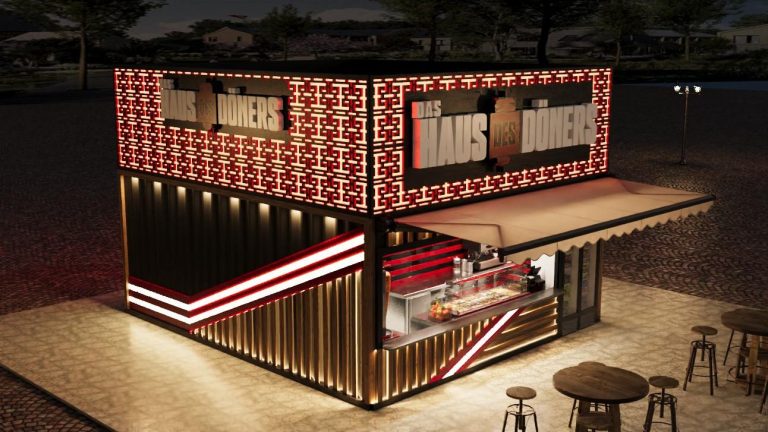 Verkaufsanhänger Haus des Döners mit Grilltechnik, LED-Beleuchtung und Theke – mobiler Döner-Imbiss für Märkte und Feste.
Imbisswagen
