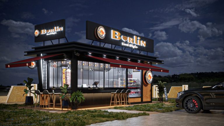 Mobiler Burgercontainer mit Glasfront, Dachterrasse und LED-Schriftzug – voll ausgestatteter Verkaufscontainer für Events und Gastronomie