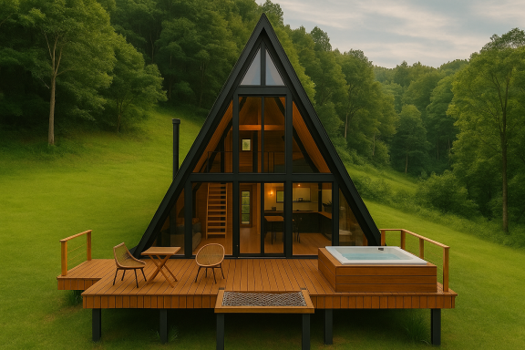Kompaktes Fertighaus in A-Frame-Bauweise mit Holzveranda – energieeffizient und modular planbar
