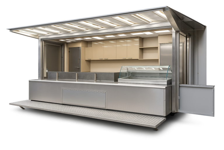 Hochwertiger Verkaufscontainer mit integrierter LED-Theke und Glasvitrine