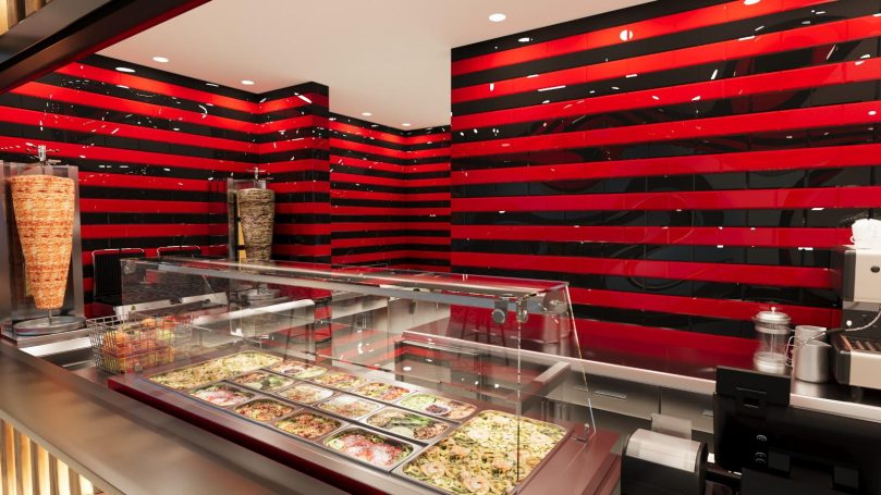 Thekenbereich mit Kühlvitrine Servicetheke mit Speisenpräsentation