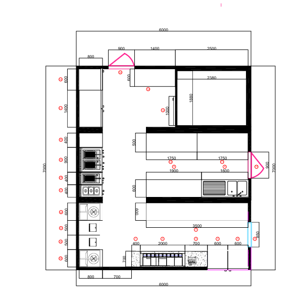 Technische Planung & Raumaufteilung Technischer Grundriss eines mobilen Verkaufscontainers mit Küche und Thekenbereich